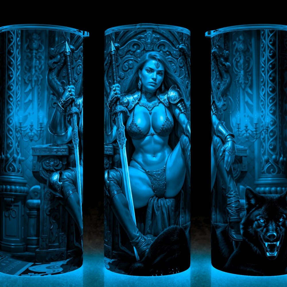 Glow in the Dark Red Sonja on Throne with Black Wolf Fantasy Cup Mug Tumbler